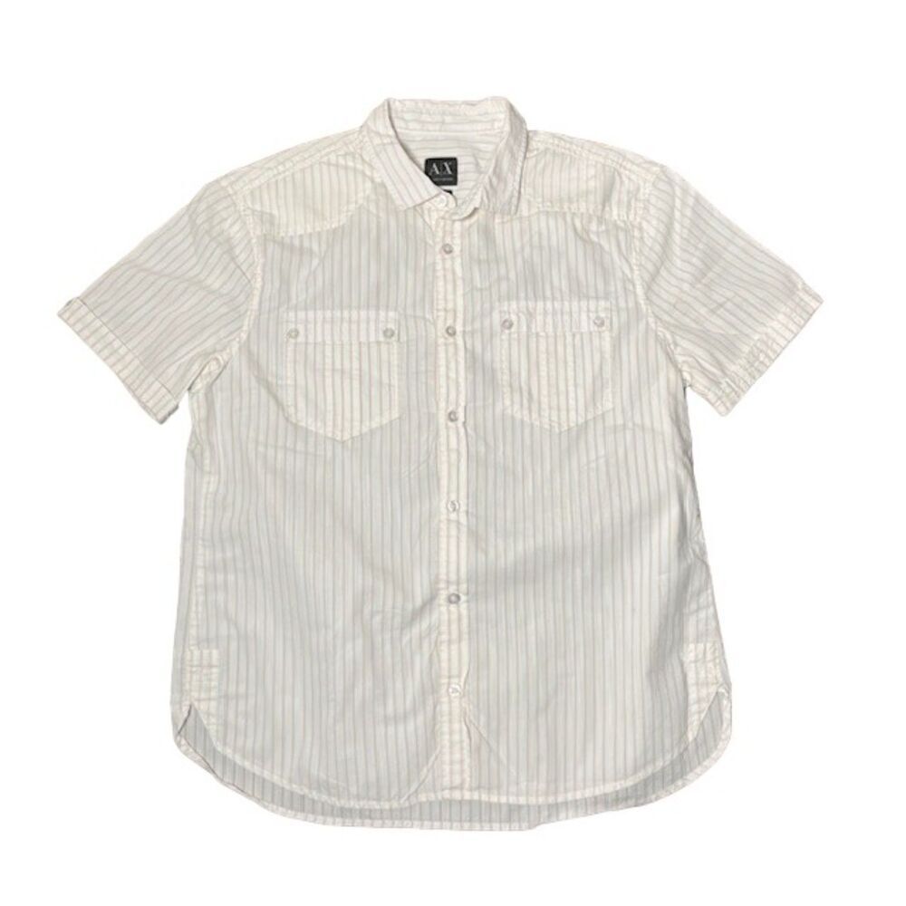 Armani Exchange Men's Button Up Short Sleeve White Tan Striped Size Large